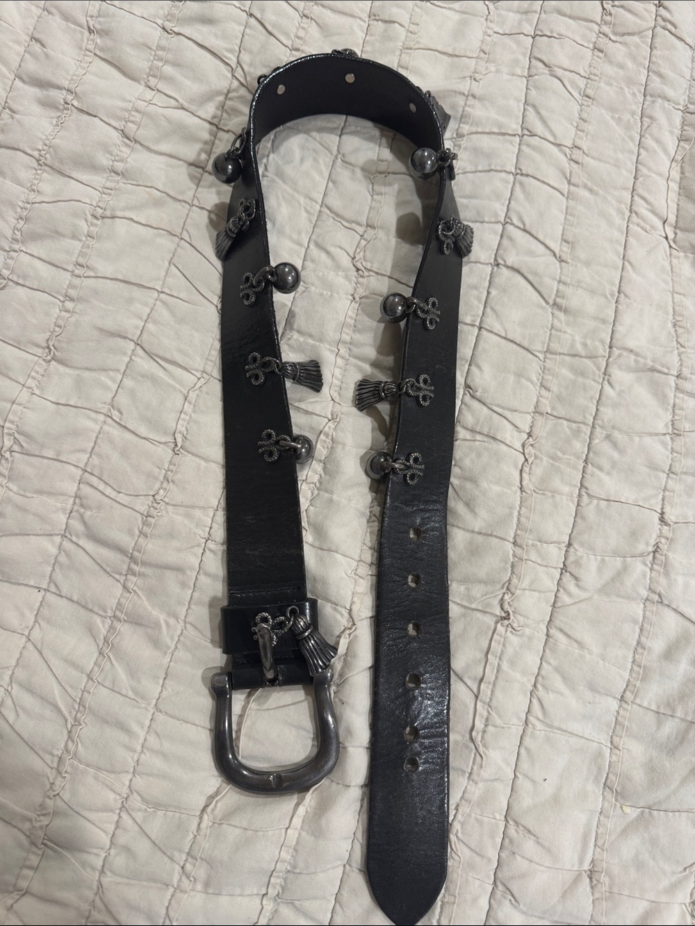 Black women’s Decorative Leather Belt with Metal Tassel Accents- Leather